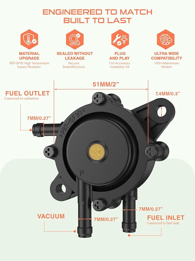Fuel Pump Compatible with Kohler Briggs and Stratton Mikuni Cub Cadet John Deere 808492 808656 for Lawn Mower Golf Cart Club Car Fits Kawasaki Yamaha Ezgo Honda Husqvarna Toro with Filter and Oil Hose