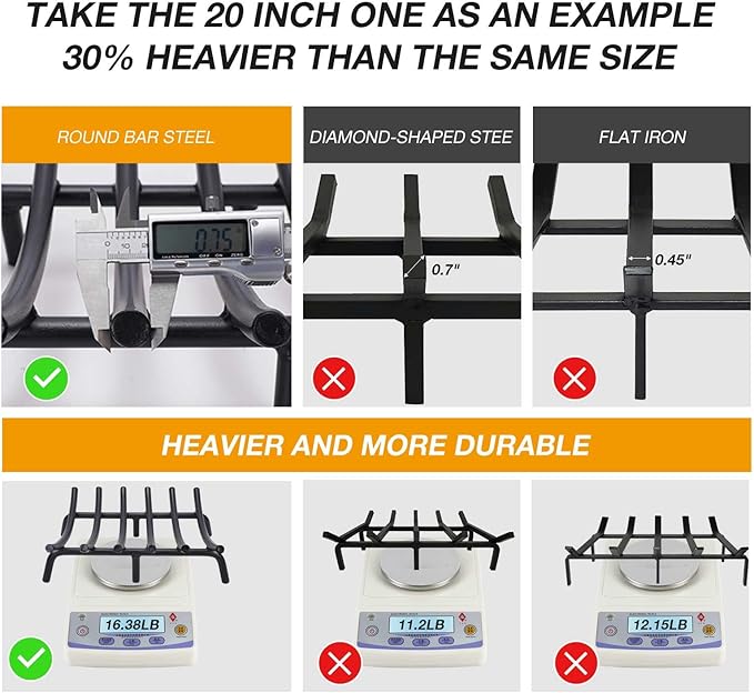 Fireplace Grate 17 Inch Solid Round Steel 3/4" Bar Heavy Duty Firewood Stove Log Holder Rack Grates Wrought Cast Iron Indoor Outdoor Camping Chimney Hearth Wood Burning Fireplace Accessories Tools