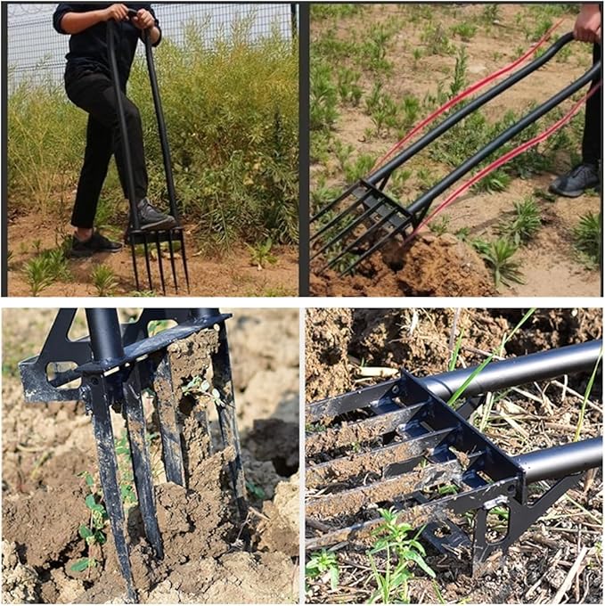 5 Tines Heavy Duty Pitch Fork for Gardening Spading Digging Fork Garden Forged Steel 46“ Long Handled Garden Tool Claw Weeder