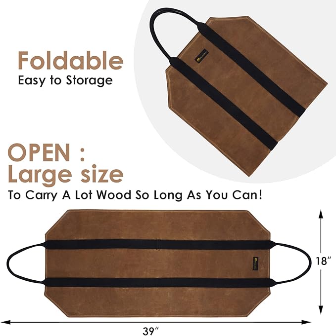 Sturdy Waxed Canvas Firewood Log Carrier, Durable Firepalce Wood Bag with Reinforce Duty Straps
