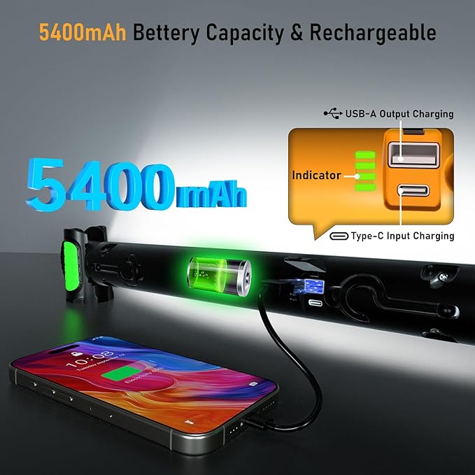 2 Pcs Work Light for Mechanic,Magnetic Light Bar,5400mAh Rechargeable,3200LM LED Work Lights Cordless UnderhoodLight with Hooks Portable Automotive Tools for Car Garage Shop Emergency,Present for Him