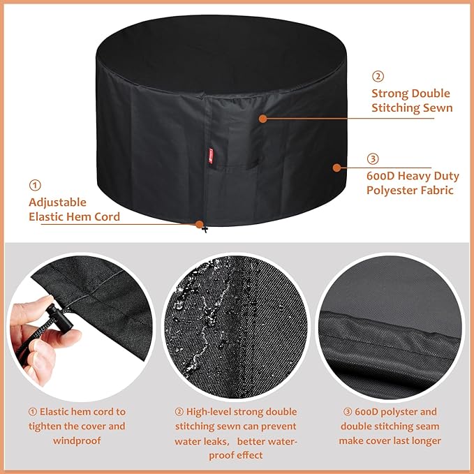 SheeChung Round Gas Fire Pit/Table Cover-Fit 34-38 inch Outdoor Firepit Bowl,600D Heavy Duty Patio Cover,100% Weather Resistant&Waterproof for Backyard,Porch,Deck,Camping,Grill,38”Dia X 22”H