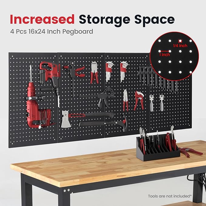 Work Table for Garage 60 Inch Workbench with Storage Adjustable Height Rubber Wood Tabletop Work Bench with Power Outlets Pegboard Pad for Cutting Wood Shop Woodworking Home Office