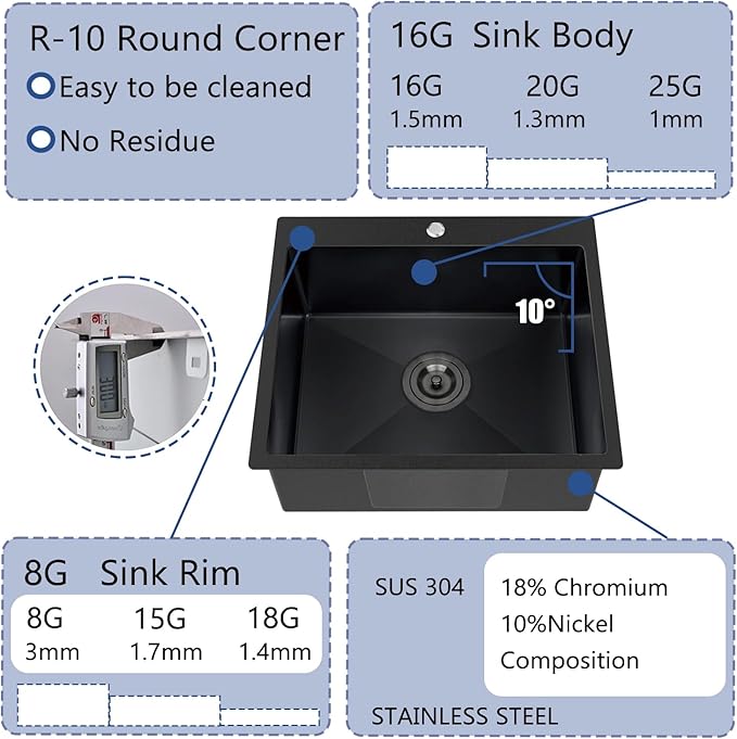 25 x 22 Inch Black Kitchen Sink, Topmount Drop In Stainless Steel Single Bowl Kitchen Sink, 16 Gauge Extra-Thick Modern Bar Prep RV Laundry Sinks with Dish Grid and Basket Strainer