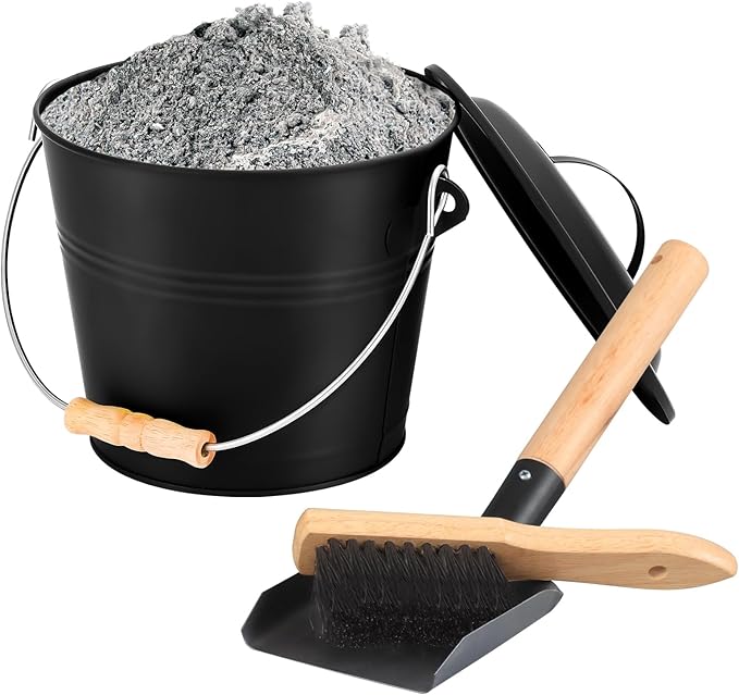 FEED GARDEN Mini Ash Bucket with Lid,Shovel,Broom and Screwdriver, 1.3 Gallon Galvanized Iron Coal Bucket for Fireplace Fire Pits Wood Stoves Indoor Outdoor，Black