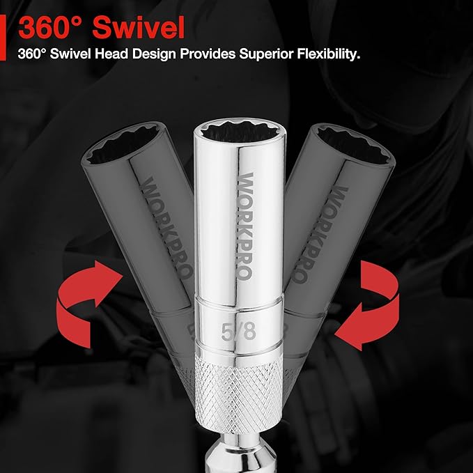 WORKPRO 5/8" Magnetic Spark Plug Socket with Magnetic Design, Swivel Thin Wall Spark Plug Socket, 3/8" Drive x 4" Total Length, 360 Degree Swivel, 12 Point