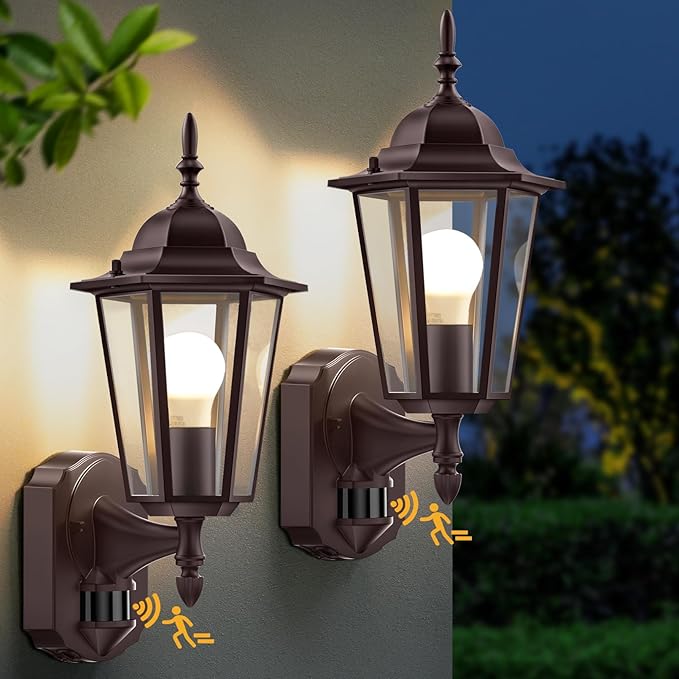Lamomo 2 Pack Motion Sensor Outdoor Lights, Upgrade Dusk to Dawn Bronze Outdoor Light Fixture Wall Mounted, 100% Anti-Rust Aluminum Waterproof Porch Lights for Patio Front Door Garage