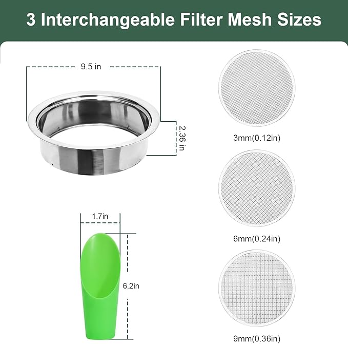 Soil Sifter Garden Soil Sieve Stainless Steel Sieve Set, with 3 Interchangeable Filter Mesh-3,6,9mm Sieve for for Dirt, Sand, Rock, Filtration, Compost