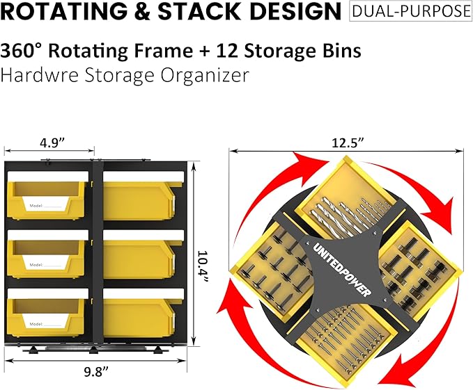 UNITEDPOWER Rotating Storage Bins, Tool Organizer, Hardware Crafts, Small Parts, Nuts and Bolts, Revolving 12 Bins Storage for Workshop, Shed, Garage, Home
