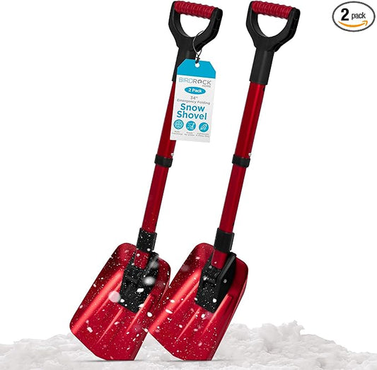 BIRDROCK HOME Folding Emergency Snow Shovel - Compact Tool for Winter Survival, Car, Snowmobiles, ATV - Lightweight Collapsible Gear for Skiing, Camping, Mud, Avalanche, Sand, Adventure - 34”, 2 Pack