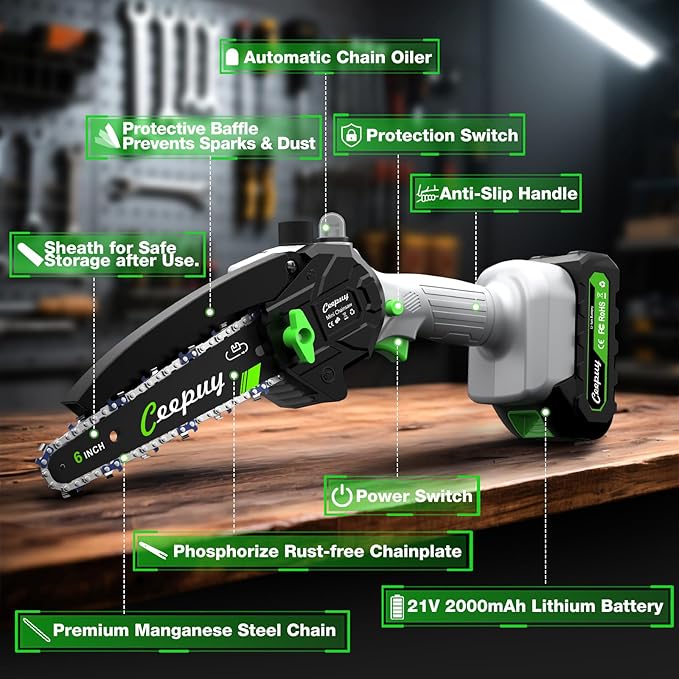 Mini Chainsaw Cordless,6 Inch Portable Electric Chainsaw with Automatic Oiler/Security Lock/Battery Powered Small Handheld Saw for Trees Branches Trimming,Wood Cutting,2 Batteries 3 Chains 2025