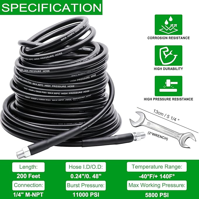 200FT Sewer Jetter Kit for Pressure Washer, 5800PSI Drain Cleaner Hose 1/4 Inch NPT, Corner, Rotating and Button Nose Sewer Jetting Nozzle Waterproof Tape Pearl Corsage Pin with 2Pcs Spanner