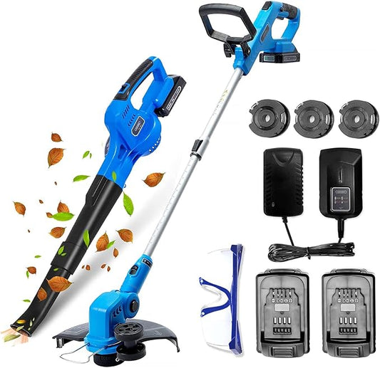 20V Cordless String Trimmer & Edger and Leaf Blower Combo Kit, 12 Inch Weed Wacker with 90 Degree Adjustable Head, 130 MPH Electric Leaf Blower, with 2 x 2.0Ah Batteries and Fast Charger