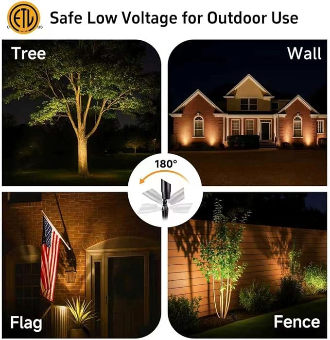 Spot Light Brass - Outdoor Landscape Spotlights 12V, LED Low Voltage Landscaping Uplights, All Weather Hard-Wired Black for Backyard Lawn with Warm White Changeable Bulbs (8 Pack)