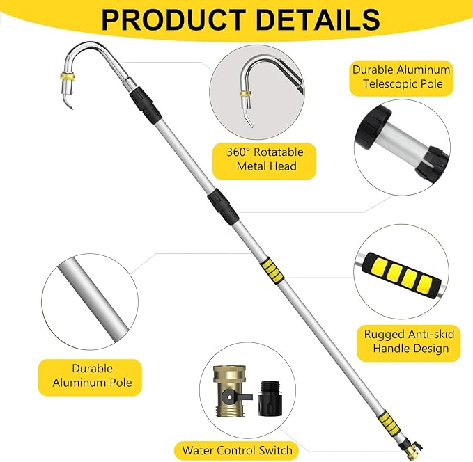 24FT Reach Gutter Cleaning Tools from Ground, Telescopic Rain Gutter Cleaners Tool with Quick Connect Adapter and Heavy Duty Wand for 2nd Story House