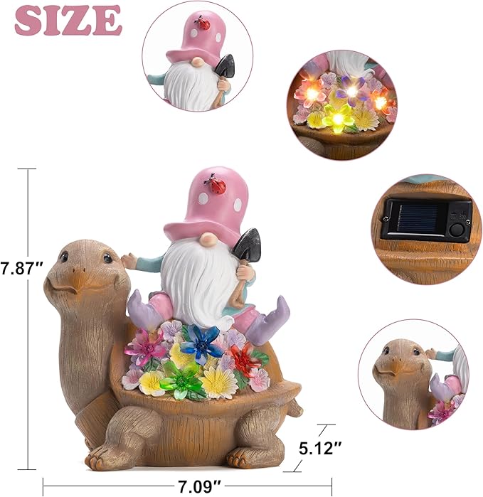 Solar Garden Outdoor Statue Turtle Gnome with Succulent and LED Light - Patio,Lawn,Garden,Tortoise Statue for Patio,Unique Housewarming Gifts