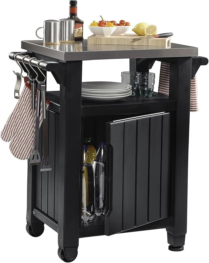 Keter Unity Small 40 Gallon Grill Prep Table and Storage Cart, Grey – BBQ Station with Wheels and Stainless Steel Top, Portable Serving Stand for Patio, Deck, and Backyard
