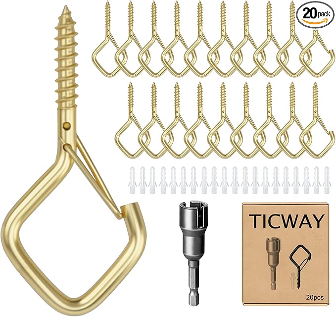 20 PCS Q-Hanger Hooks for String Lights, Ceiling Hangers for Plants & Wind Chimes, Christmas Decorations Outdoor Hooks Gold