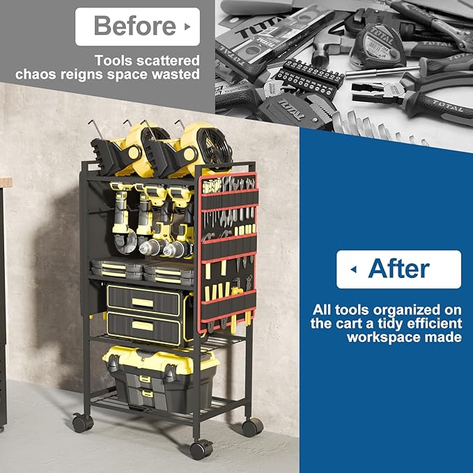 5 - Tier Power Tool Organizer Cart - 300 lbs Heavy Duty Utility Rack Shelf, Rolling Drill Holder & Tool Storage Cart on Wheels for Garage, Workshop, Ideal Gift for Men (no Power)