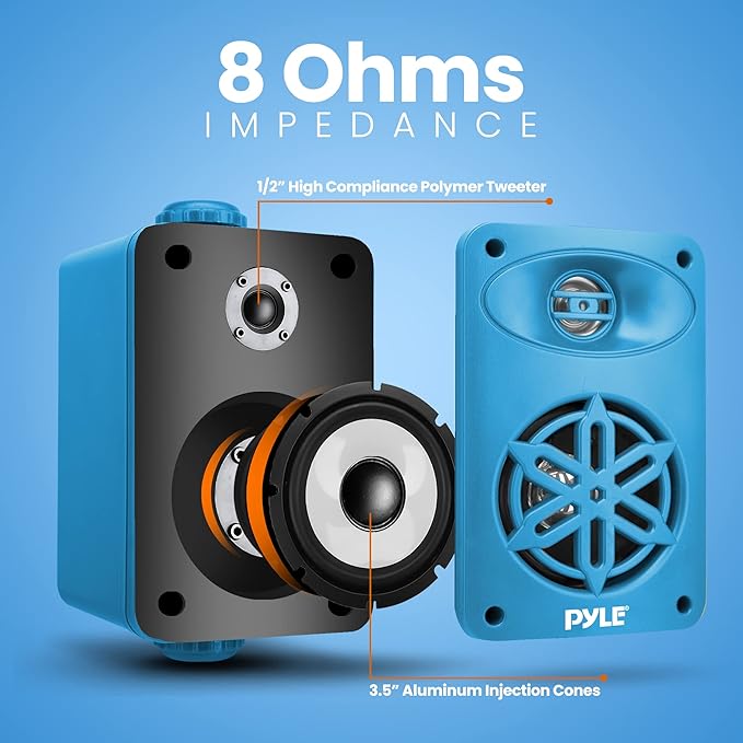 PyleUsa Indoor Outdoor Speakers Pair - 200 Watt Dual Waterproof 3.5” 2-Way Full Range System w/ 1/2” High Compliance Polymer Tweeter - in-Home, Boat, Marine, Deck, Patio, Poolside (Blue) - PDWR35BL