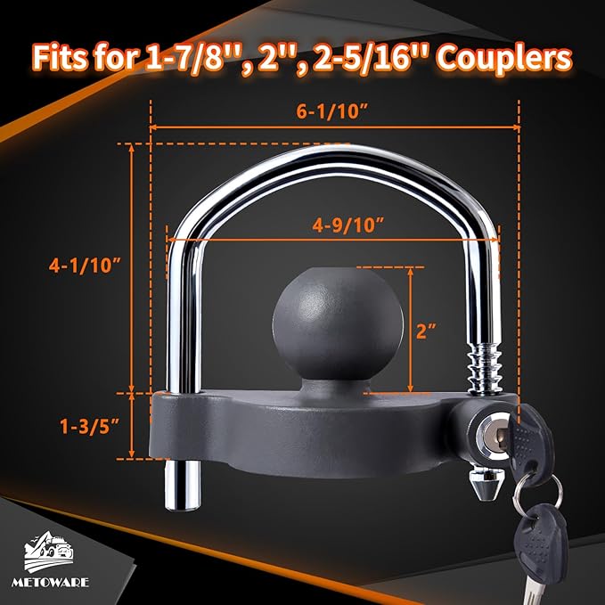 METOWARE Trailer Coupler Lock Universal Adjustable Heavy-Duty Steel Trailer Hitch Lock, Anti Theft Trailer Ball Lock Towing Lock for Towing Caravan Trailer Security Fits 1-7/8",2”, 2-5/16" Coupler