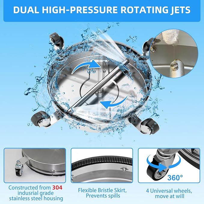 16.5" Pressure Washer Surface Cleaner with 304 Industrial-grade Stainless Steel Housing, Dual Handle, Driveway Pressure Washer Attachment, 2 Replacement Nozzles, for Concrete, Sidewalk, Deck, 4500 PSI