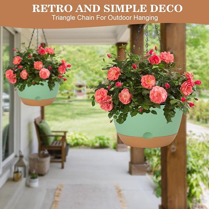 3 Pack Hanging Planters for Indoor Plants, 10 + 10 + 8 Inch Self-Watering Hanging Plant Pot, Macrame Plant Hanger with Pot, Ceiling Hooks, Removable Saucer and Drainage Holes for Garden Home - Green