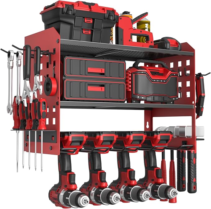 SPACECARE Power Tool Organizer, Drill Holder Wall Mount with 2 Side Pegboards with Hooks, 3 Layer Garage Organization Heavy Duty Tool Organizers Utility Rack for 4Drill Holders Red