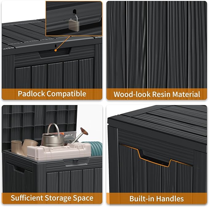 28 Gallon Deck Box Large Outdoor Storage for Patio Furniture,Outdoor Cushions,Garden Tools and Pool Supplies,Waterproof,Resin,Lockable(Black)