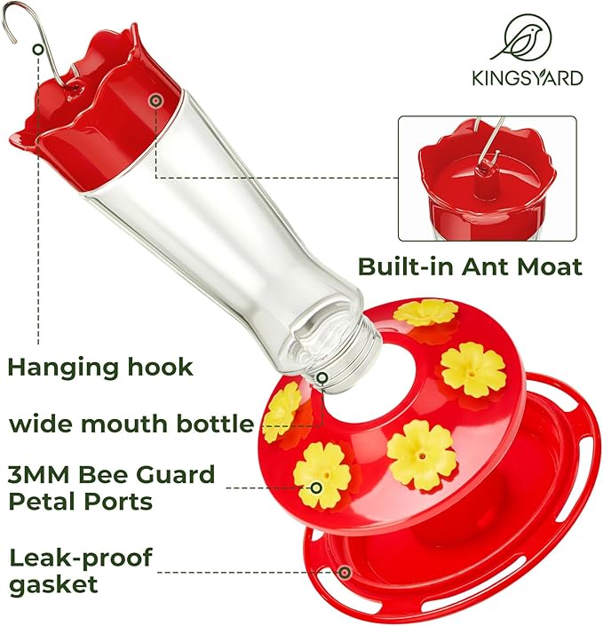 Kingsyard 2 Pack Glass Hummingbird Feeder for Outdoors Hanging - 6 Bee Guard Feeding Ports & Built-in Ant Moat, Wild Bird Feeder for Outside Garden Yard Patio 14 Oz, Updated Red