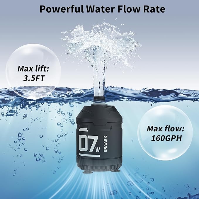 160GPH 7.5W Submersible Water Pump Ultra Quiet Small Fountain Pump for Aquariums, Fish Tank, Pond, Hydroponics