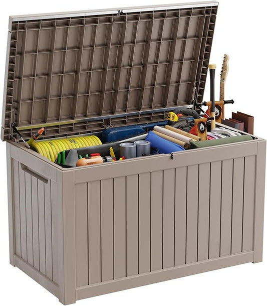 DRATO 230 Gallon Deck Box, Waterproof Resin Large Outdoor Storgae Box for Patio Furniture, Patio Cushions, Gardening Tools, Pool and Sports Supplies, Lockable