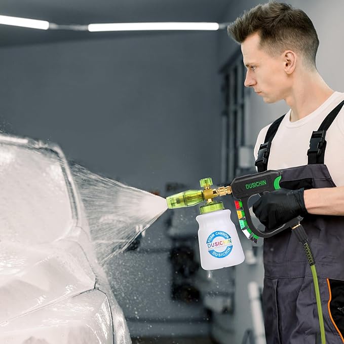DUSICHIN Pressure Washer Gun with Foam Cannon,4000 PSI Car Wash Kit Snow Foam Lance Sprayer with 1/4" Quick Connector and 5 Nozzle Tips,1L Bottle DUS2702
