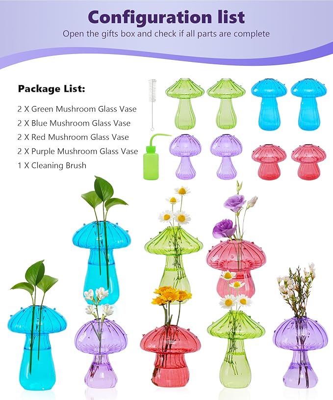 Nacome Mushroom Glass Propagation Station for Plants: Set of 8 Colored Vases Terrarium Kit for Home Office Indoor Hydroponics Decor - Birthday Gifts for Women Mom Grandma