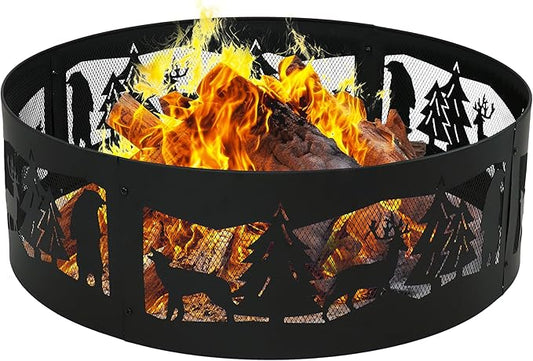 Sunnydaze 36-Inch Outdoor Fire Pit Ring - Heavy-Duty Portable Metal Fire Ring - 360-Degree Wildlife Cutouts - Forest Wilderness