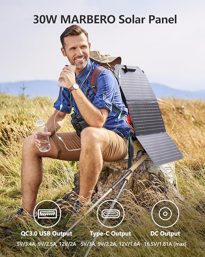 MARBERO 30W Solar Charger >23% High Efficiency Foldable Portable Solar Panel for Power Station Phones Tablets 2 USB Ports & DC Fast Charging IP65 Waterproof for Camping Outdoor Backpacking Cloudy