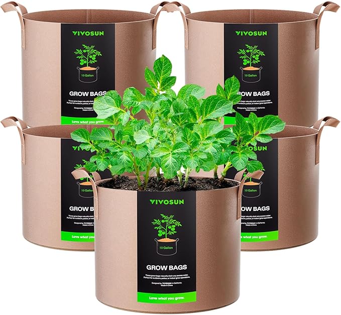 VIVOSUN 5-Pack 10 Gallons Grow Bags Heavy Duty Thickened Nonwoven Fabric Pots with Strap Handles Tan