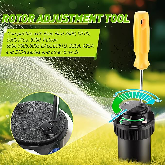 7 Pack Sprinkler Head Tool Kit, Rotor Hold Up Tool Compatible with Hunter 123200sp, Rain Bird Series 5000, Includes 2 Adjustment Screwdriver & 5 Nozzle Insertion Collar for Lawn Irrigation
