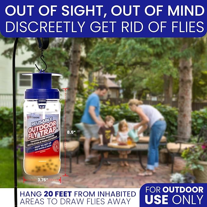 2 Fly Traps Outdoor Fly Trap for Patio with 4 Non-Toxic Dissolvable Bait Refills. Reusable Hanging Bug Catcher Killer for All Filth Flies for Outside Bug Control Yard Ranch. Hanging Chains Included