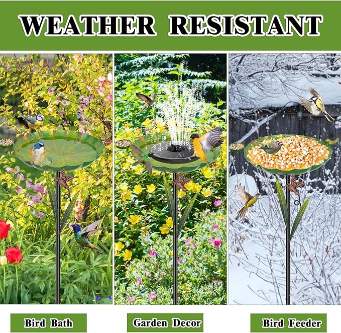 Metal Bird Bath for Outside, Detachable Birdbath Sturdy 5-Prong Stake Base with Bowl & Decorative Birds, Durable Iron Garden Birdbath Feeder for Outdoor Garden Yard Patio Decor(Retro Green)
