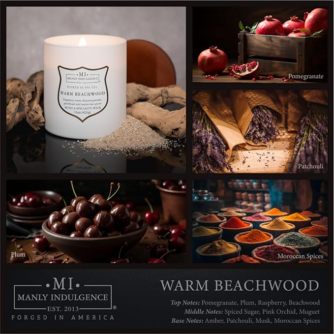 Manly Indulgence Warm Beachwood Scented Candles for Men, 15 oz Wooden Wick, Premium Soy Blend Wax, 60H Burn, Candles for Home Scented - Made in The USA