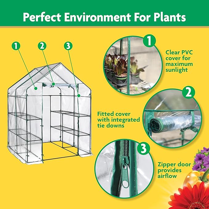 Miracle-GRO 4'8" x 4'8" x 6'5" Outdoor Mini Walk-in Greenhouse Plant Tent, All-Season Small Walk-in Plant Growth Accelerator with 8 Wire Shelves, Clear