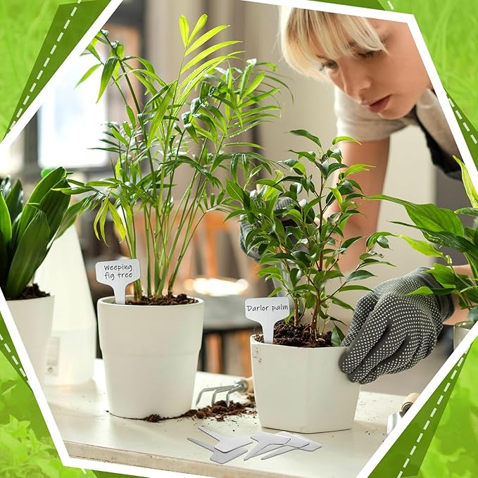 Hicarer 24 Pcs Durable Metal Plant Labels Christmas Gift Weatherproof Garden Markers Engraving Stainless Steel 304 T-Type Reusable Plant Tags for Gardeners Outdoor Greenhouse Vegetables(4x2.4 Inch)