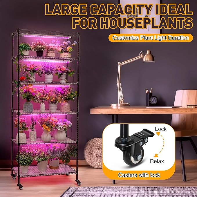 Meonum Plant Shelf with Grow Lights, 5.9FT 6 Tier DIY Metal Grow Rack, Indoor Greenhouse with 90W LED Full Spectrum Growing Lamps, Mechanical Timer, PP Waterproof Pads for Indoor Seed Starting