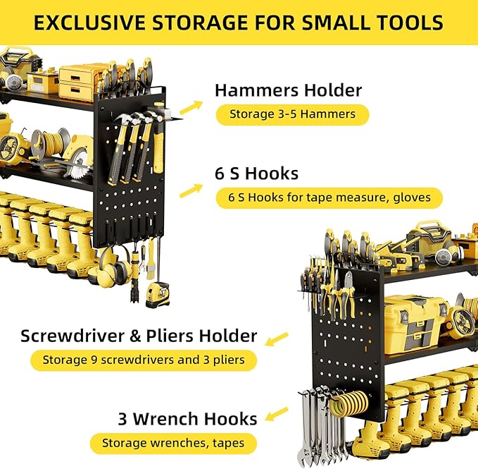 Power Tool Organizer Wall Mount with 9 Drill Holder, Cordless Tool Organizer and Storage Rack, Garage Heavy Duty Metal Shelf Organization for Battery, Tool Box, Hammer, Screwdriver（Black）