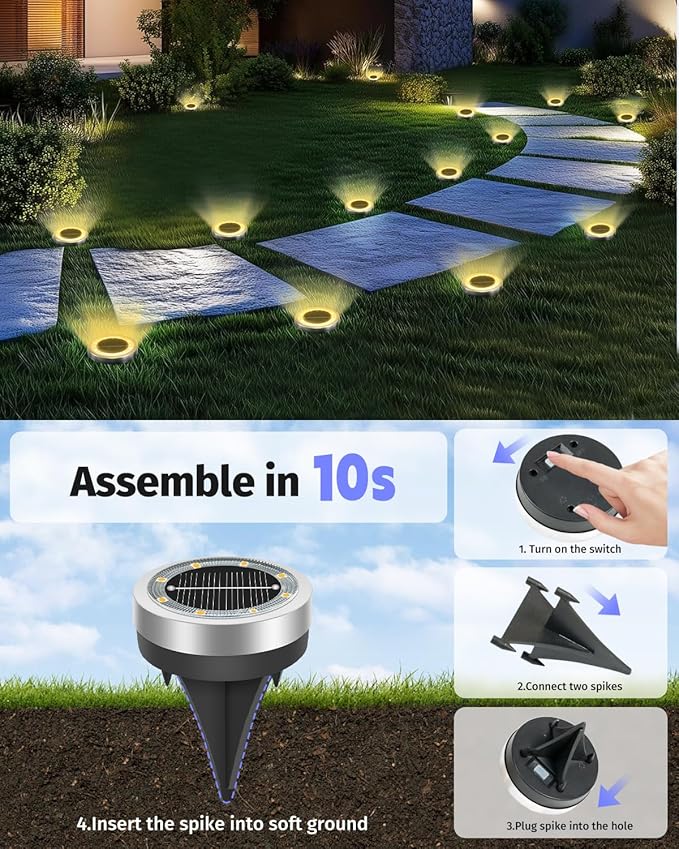 Mini Solar Ground Lights Outdoor 16 Pack Waterproof Upgraded Anti-Rust Solar Flat Garden Lights Stainless Steel Solor Powered Disc Landscape Light for Pathway Walkway Yard Lawn Patio-Warm White