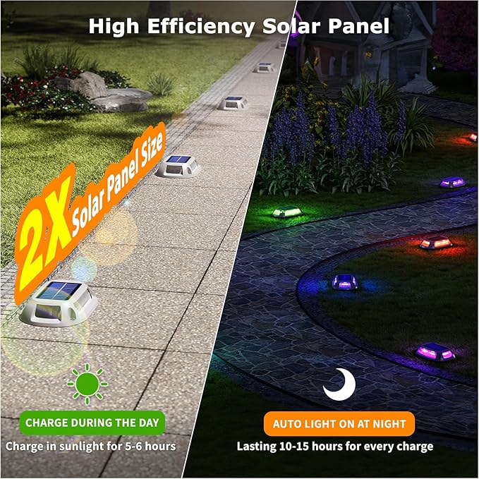 12Pack Aluminum Alloy Solar Driveway Lights, IP68 Solar Deck Light Marine Dock Lights Outdoor Waterproof, Multi-color LED Driveway Markers for Walkway, Path Decor [12Modes - Strobe/RGB/Fix-color]