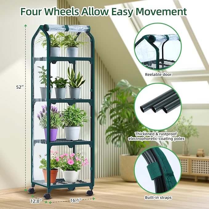 Ohuhu Mini Greenhouse for Indoor Outdoor, Small Plastic Plant Green House with Locking Wheels Portable Greenhouses with Durable Cover for Seedling, Ideal Gardening Gifts for Women Men Transparent