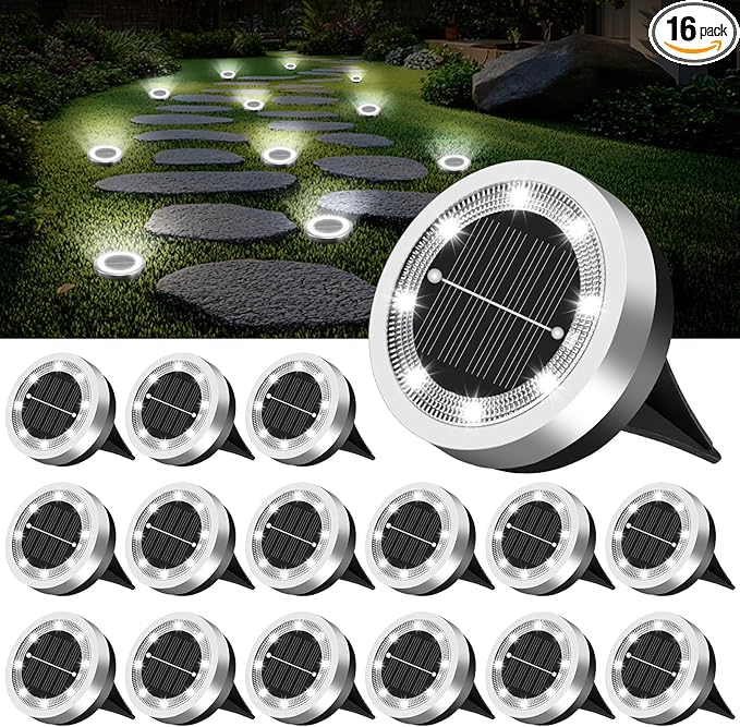 Mini Solar Ground Lights 16 Pack Outdoor IP65 Waterproof Solar Flat Garden Light Solor Powered Disc Pathway Lights for Outside Walkway Yard Landscape Patio Lawn Driveway-Cool White
