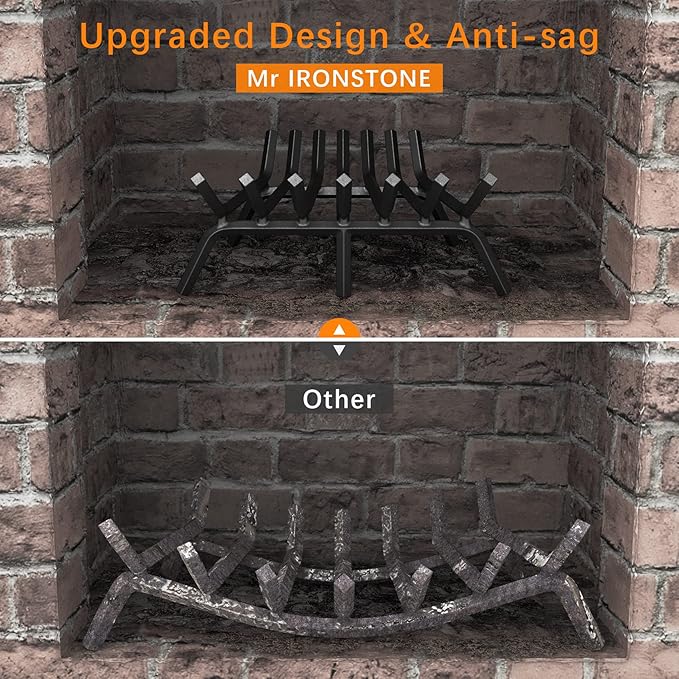 Mr IRONSTONE Fireplace Grate 21 inch Solid Steel Heavy Duty Fireplace Log Grates 3/4" Bar Grates Outdoor/Indoor Wrought Iron Burning Rack Holder